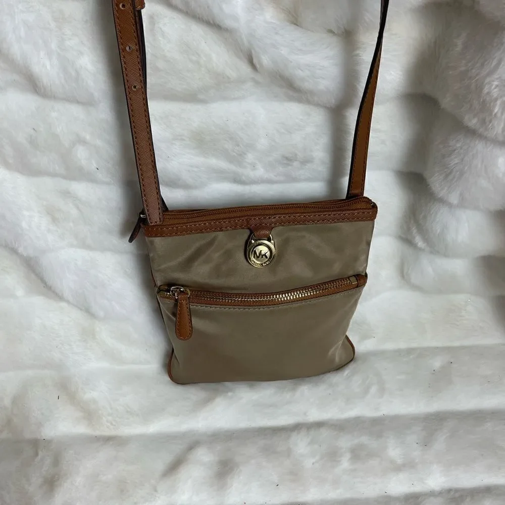 Michael Kors khaki Nylon crossbody bag with brown leather trim &adjustable strap